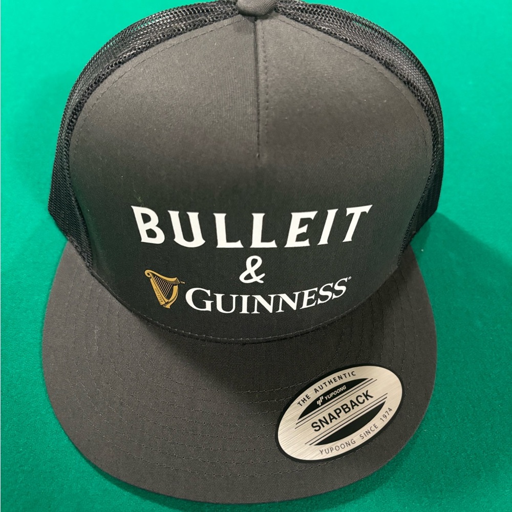 Bulleit bourbon and Guinness trucker snap back.